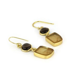 925 Sterling Silver earrings gold plated with round smoky and citrine stone in asymmetric shape - 