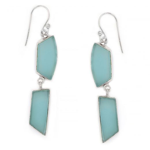 925 Sterling Silver earrings rhodium plated with aqua chalcedony in asymmetric shape