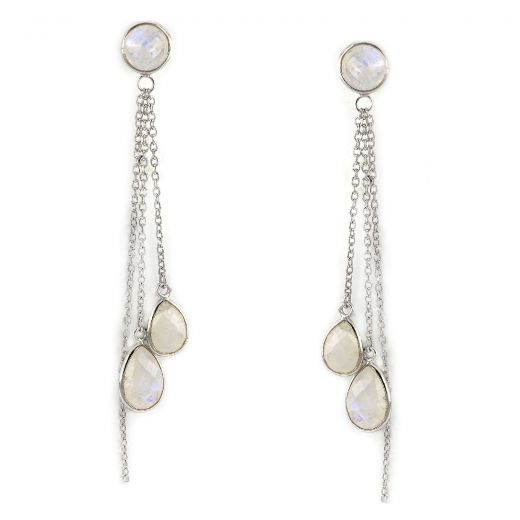 925 Sterling Silver earrings rhodium plated with three rainbow moonstones oval and drop shape