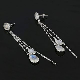 925 Sterling Silver earrings rhodium plated with three rainbow moonstones oval and drop shape - 