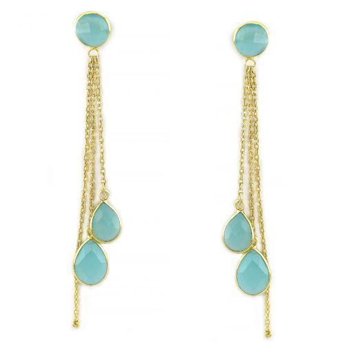 925 Sterling Silver earrings gold plated with three stones of aqua chalcedony in round shape and drop shape