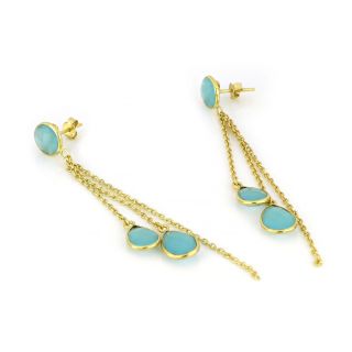 925 Sterling Silver earrings gold plated with three stones of aqua chalcedony in round shape and drop shape - 