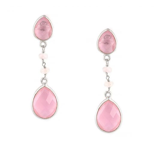 925 Sterling Silver earrings rhodium plated with two stones of rose chalcedony in a shape of drop