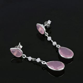 925 Sterling Silver earrings rhodium plated with two stones of rose chalcedony in a shape of drop - 