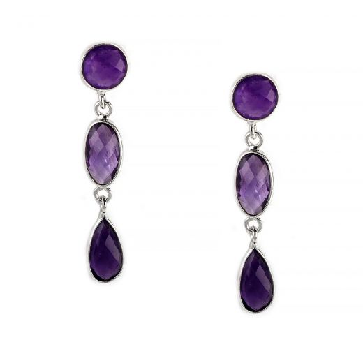 925 Sterling Silver earrings rhodium plated, with three stones of amethyst round oval and drop