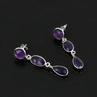 925 Sterling Silver earrings rhodium plated, with three stones of amethyst round oval and drop - 
