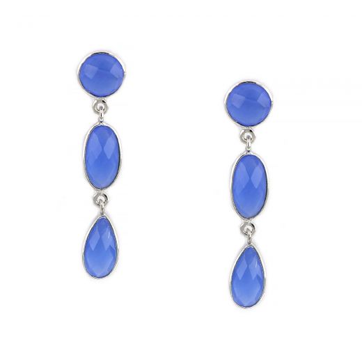 925 Sterling Silver earrings rhodium plated with three blue chalcedony stones round oval and drop