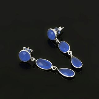 925 Sterling Silver earrings rhodium plated with three blue chalcedony stones round oval and drop - 