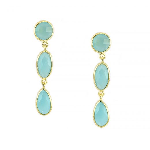 925 Sterling Silver earrings gold plated with three stones of aqua chalcedony round oval and drop