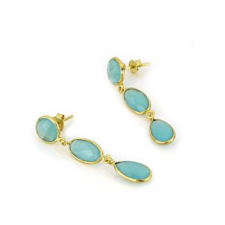 925 Sterling Silver earrings gold plated with three stones of aqua chalcedony round oval and drop - 