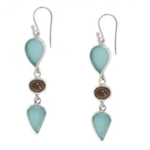 925 Sterling Silver earrings rhodium plated with two stones of aqua chalcedony and a smoky in oval shape