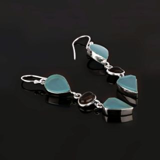 925 Sterling Silver earrings rhodium plated with two stones of aqua chalcedony and a smoky in oval shape - 