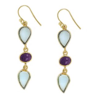Χειροποίητα ασημένια σκουλαρίκια επιχρυσωμένα με δύο πέτρες μπλε χαλαζία σε σχήμα σταγόνας και μία οβάλ πέτρα αμέθυστο