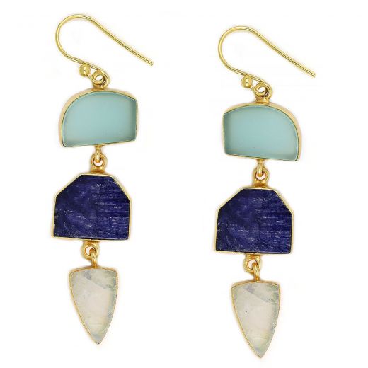 925 Sterling Silver earrings gold plated with two stones of blue quartz in drop shape and an amethyst in oval shape