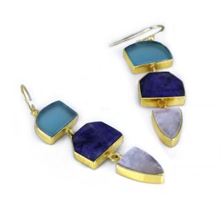 925 Sterling Silver earrings gold plated with two stones of blue quartz in drop shape and an amethyst in oval shape - 