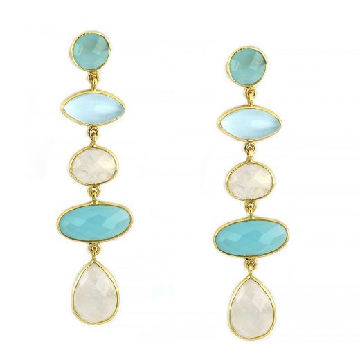 925 Sterling Silver earrings gold plated with two stones of aqua chalcedony round and oval shape, blue quartz and rainbow moonstones