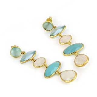 925 Sterling Silver earrings gold plated with two stones of aqua chalcedony round and oval shape, blue quartz and rainbow moonstones - 