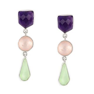 Χειροποίητα ασημένια σκουλαρίκια επιχρυσωμένα, με αμέθυστο, στρογγυλό ροζ χαλαζία και πρενίτη σε σχήμα δάκρυ