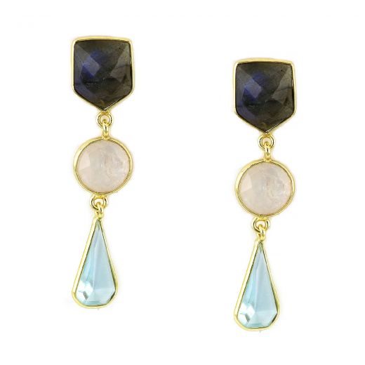 925 Sterling Silver earrings gold plated with labradorite stone, rainbow moonstone in round shape and blue topaz in tear shape.