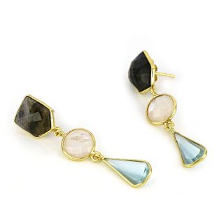 925 Sterling Silver earrings gold plated with labradorite stone, rainbow moonstone in round shape and blue topaz in tear shape. - 