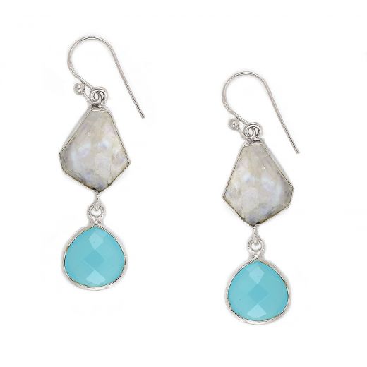 925 Sterling Silver earrings rhodium plated with rainbow moonstone and aqua chalcedony in drop shape