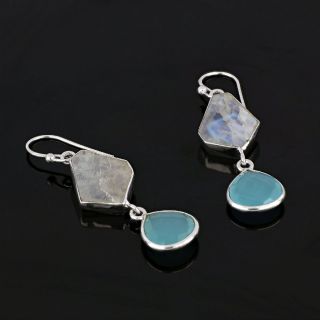 925 Sterling Silver earrings rhodium plated with rainbow moonstone and aqua chalcedony in drop shape - 