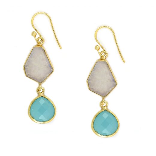 925 Sterling Silver earrings gold plated with rainbow moonstone and aqua chalcedony in drop shape