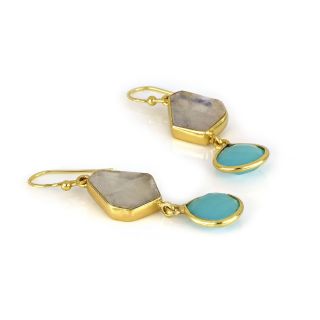 925 Sterling Silver earrings gold plated with rainbow moonstone and aqua chalcedony in drop shape - 