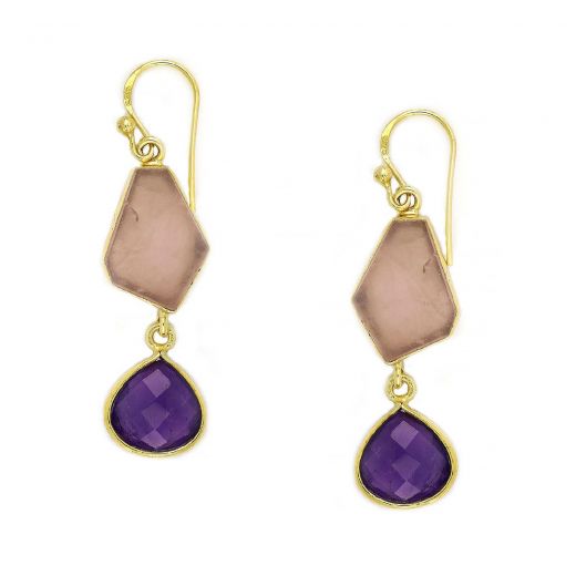 925 Sterling Silver earrings gold plated with rose quartz and amethyst in drop shape