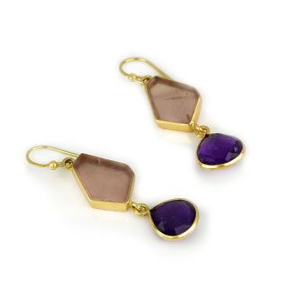 925 Sterling Silver earrings gold plated with rose quartz and amethyst in drop shape - 