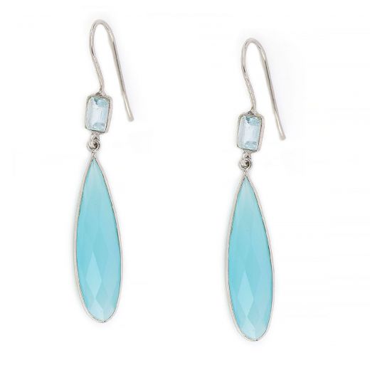 925 Sterling Silver earrings rhodium plated with a stone of blue topaz in square shape and aqua chalcedony in tear shape