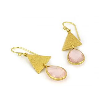 925 Sterling Silver earrings gold plated with rose quartz in drop shape - 