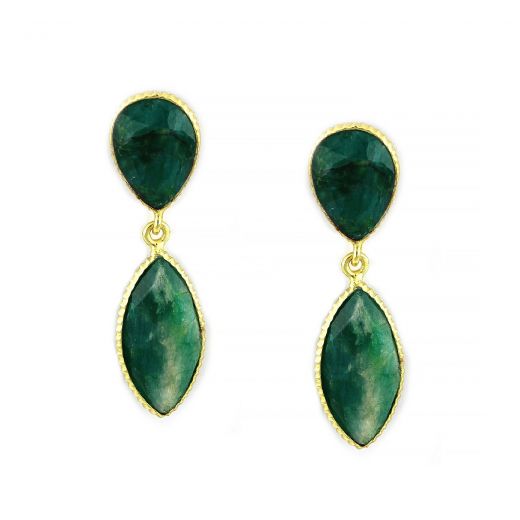 925 Sterling Silver earrings gold plated with two stones of aventurine, drop shape and navette