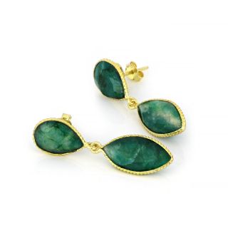 925 Sterling Silver earrings gold plated with two stones of aventurine, drop shape and navette - 