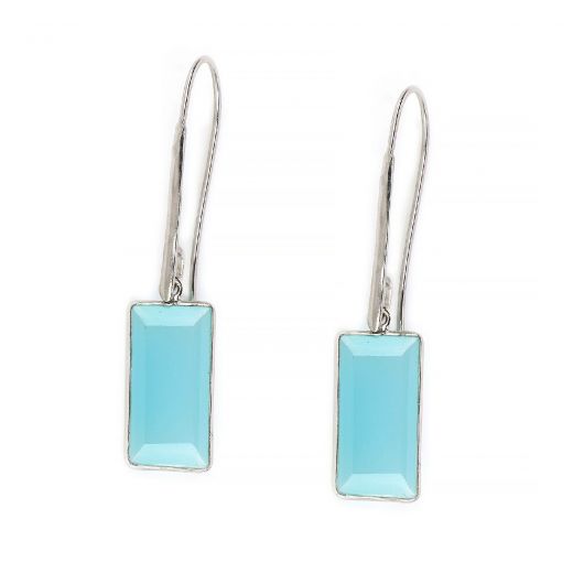 925 Sterling Silver earrings rhodium plated with aqua chalcedony in parallelogram shape