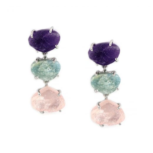 925 Sterling Silver earrings rhodium plated with amethyst, aquamarine and rose quartz