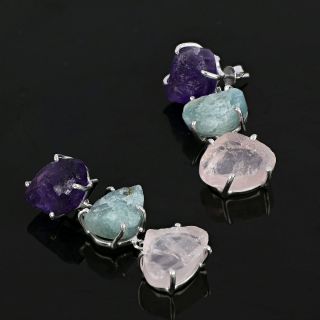 925 Sterling Silver earrings rhodium plated with amethyst, aquamarine and rose quartz - 
