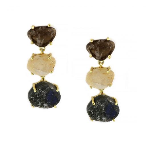 925 Sterling Silver earrings gold plated with smoky, golden rutile and labradorite