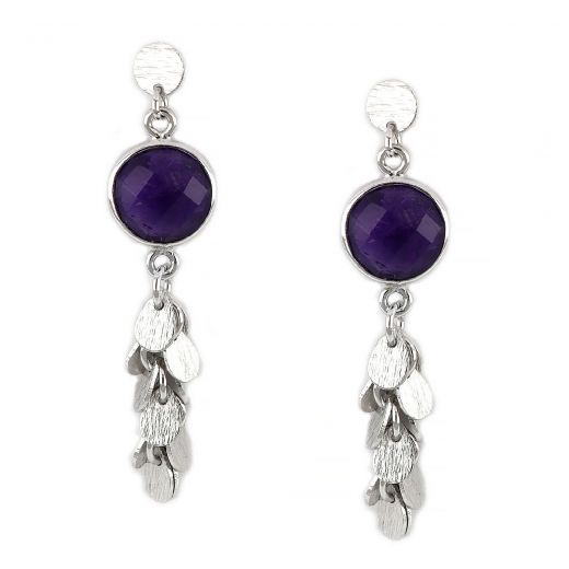 925 Sterling Silver earrings rhodium plated with amethyst and silver elements in tear shape