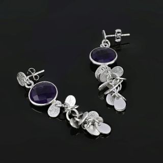 925 Sterling Silver earrings rhodium plated with amethyst and silver elements in tear shape - 
