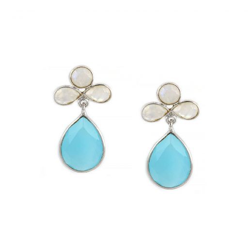 925 Sterling Silver earrings rhodium plated with three rainbow moonstones and aqua chalcedony in drop shape
