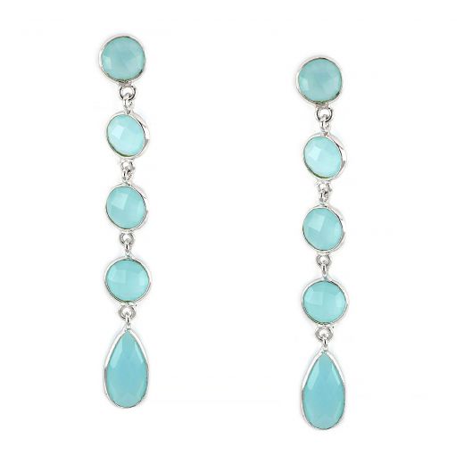 925 Sterling Silver earrings rhodium plated with four stones of aqua chalcedony in round shape and one in tear shape