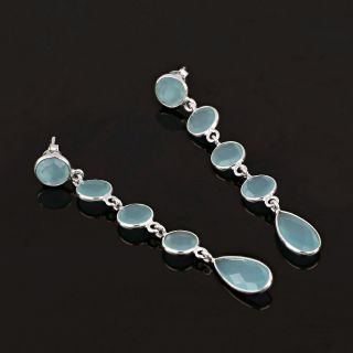 925 Sterling Silver earrings rhodium plated with four stones of aqua chalcedony in round shape and one in tear shape - 