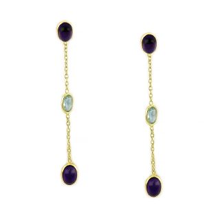 Χειροποίητα ασημένια σκουλαρίκια επιχρυσωμένα με δύο οβάλ πέτρες αμέθυστο και μπλε τοπάζι