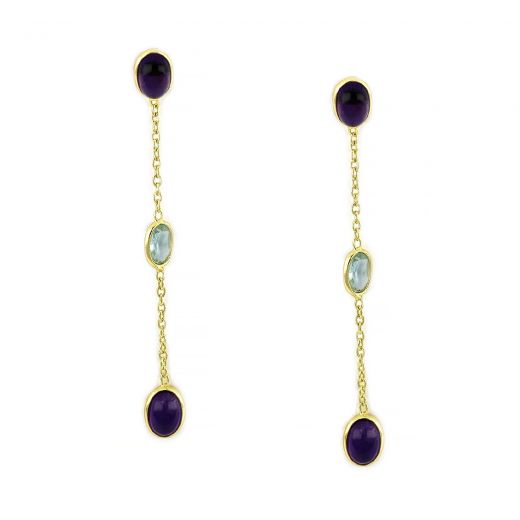 925 Sterling Silver earrings gold plated with two stones of amethyst in oval shape and a blue topaz