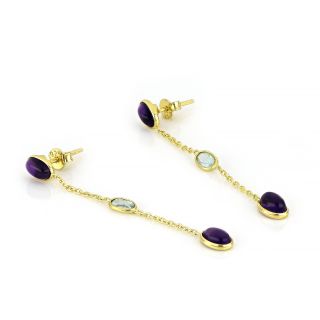 925 Sterling Silver earrings gold plated with two stones of amethyst in oval shape and a blue topaz - 