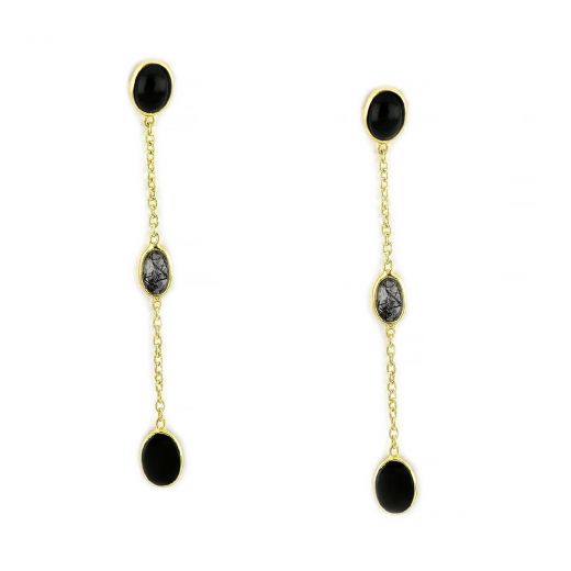 925 Sterling Silver earrings gold plated with two stones of black onyx in oval shape and a black rutile