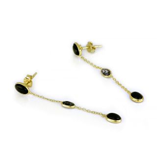 925 Sterling Silver earrings gold plated with two stones of black onyx in oval shape and a black rutile - 