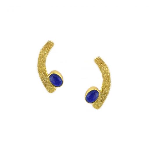 925 Sterling Silver earrings gold plated with lapis lazuli in curved shape