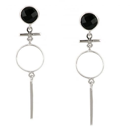 925 Sterling Silver earrings rhodium plated with round black onyx and geometric elements